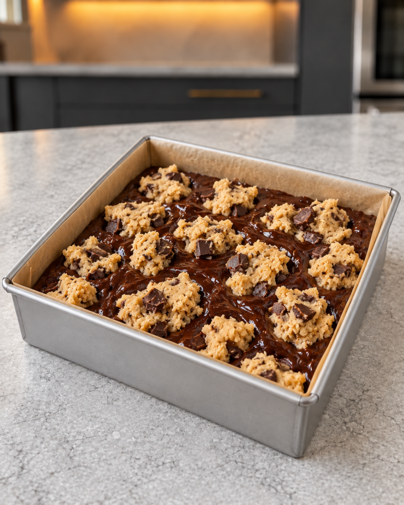 Raw brownie batter with cookie dough pieces dropped on top