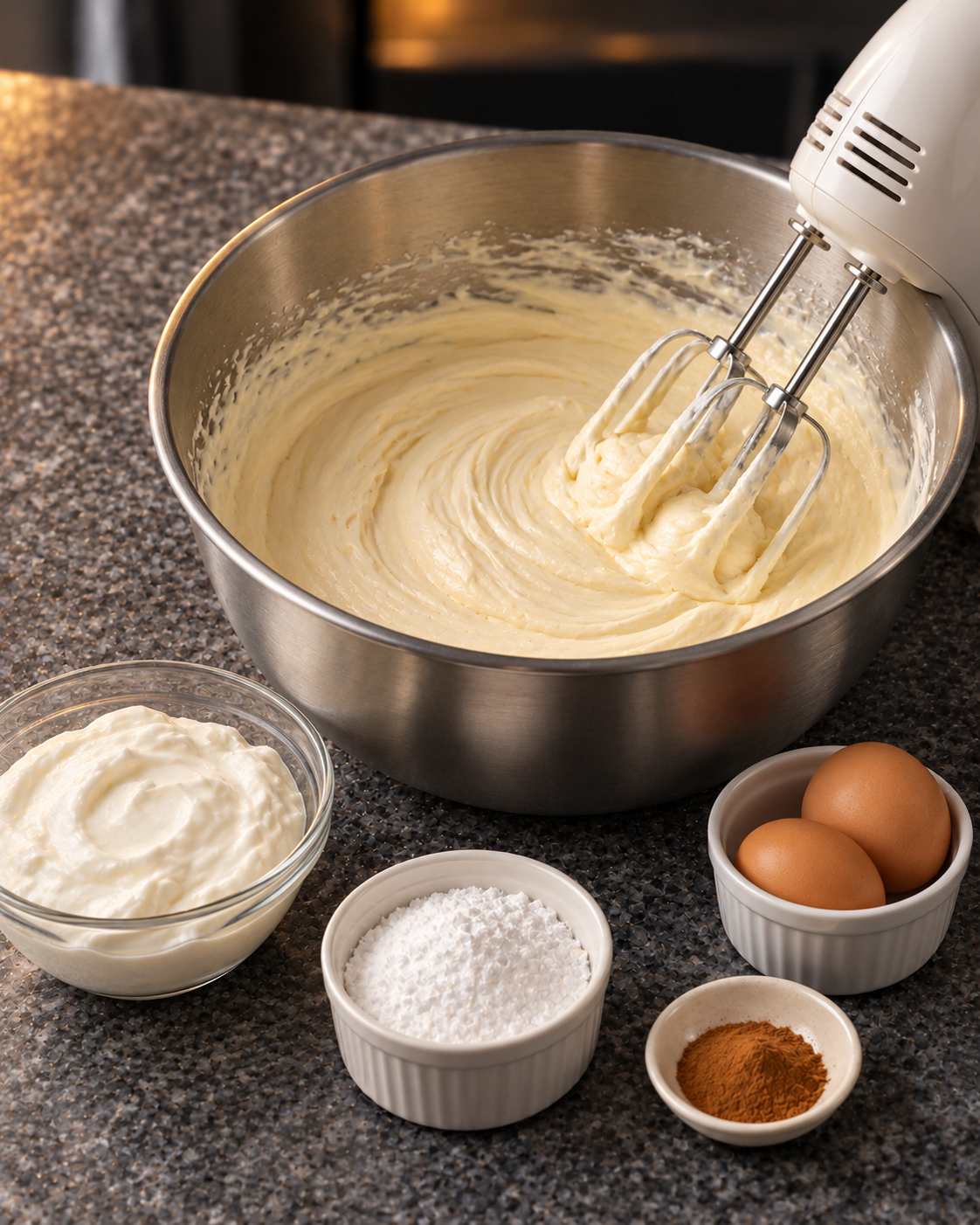 Cinnamon cheesecake filling beaten in a stainless bowl with yogurt, powdered allulose and eggs