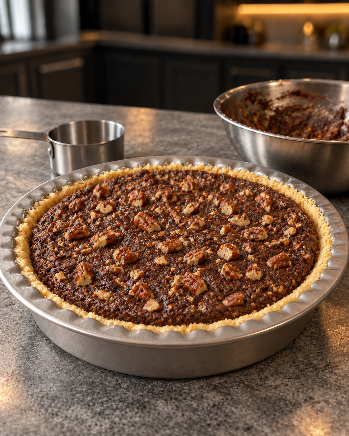 Thick dark cocoa fudge filling with chopped pecans spread into the crust