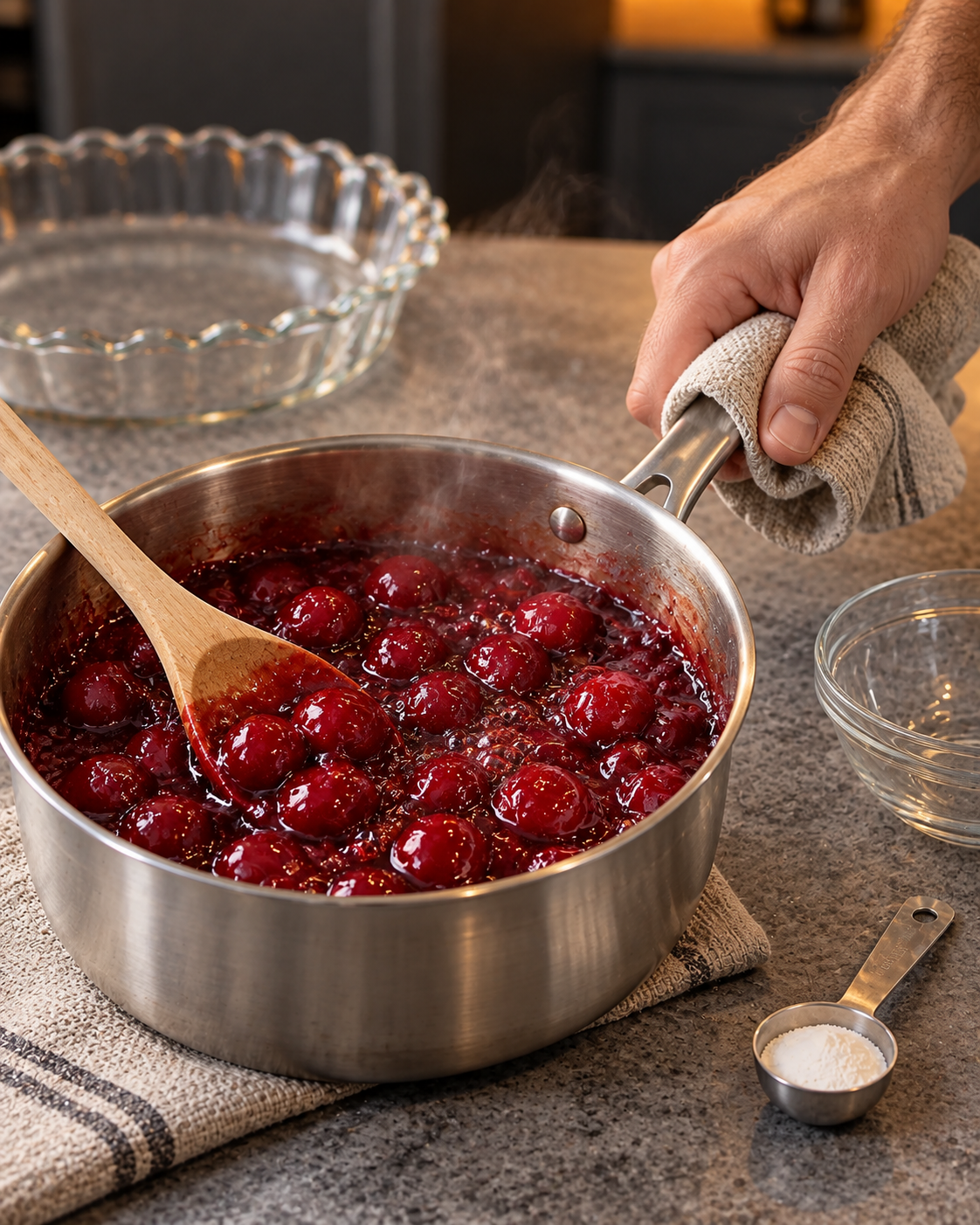 Whole tart cherries simmering in a glossy syrup in a small saucepan