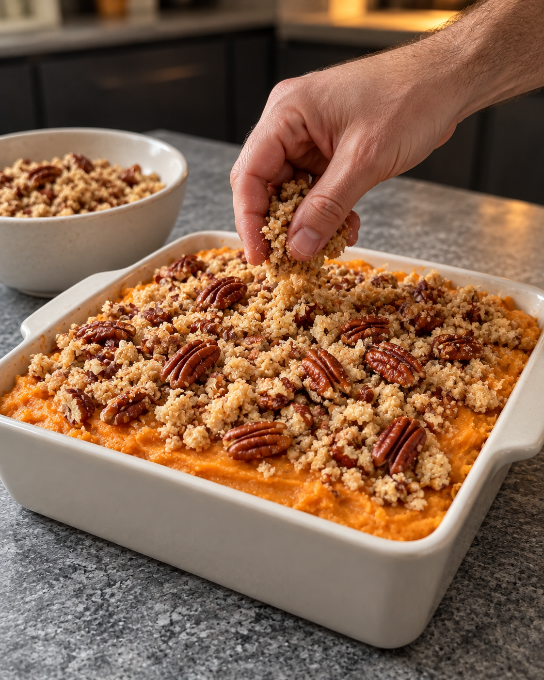 No-added-sugar sweet potato pecan casserole filling topped with pecan streusel in a ceramic dish