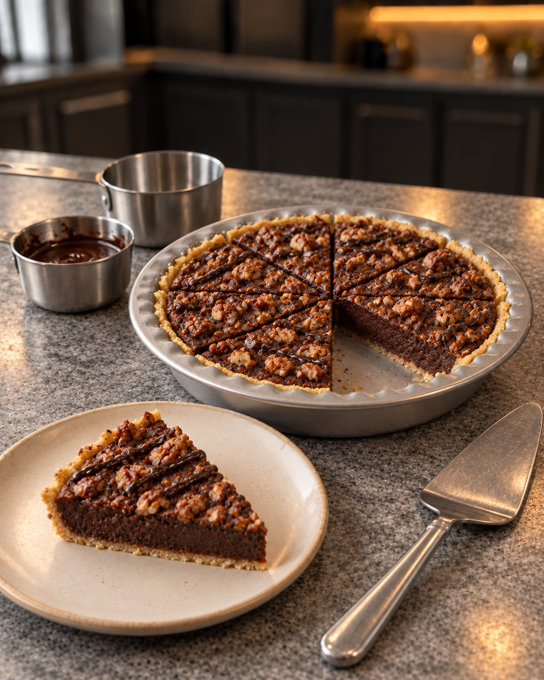 Chilled sugar-free chocolate pecan pie cut into eight wedges under a dark chocolate drizzle