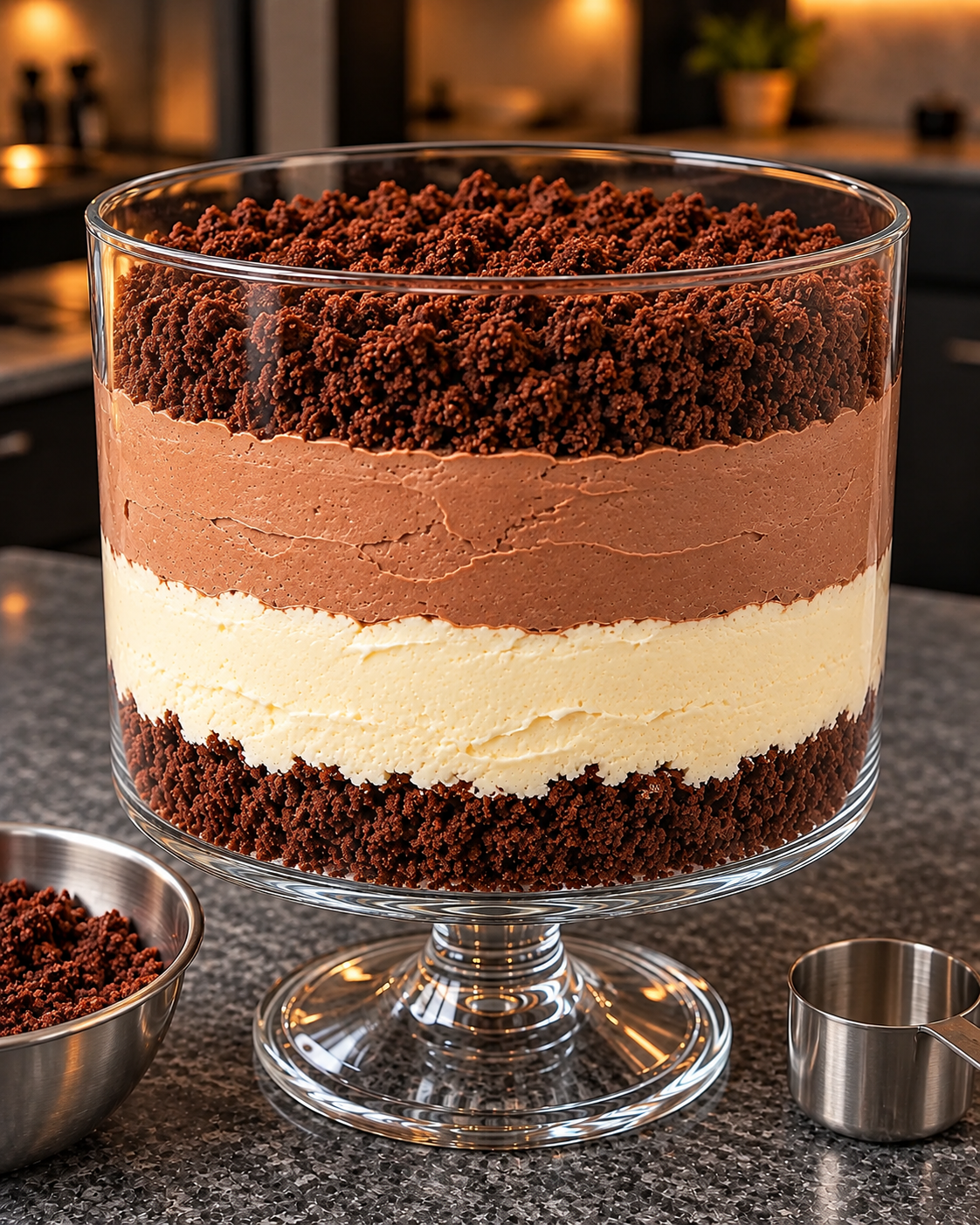 Crumbs and plain and chocolate cheesecake cream layered in a footed glass trifle bowl