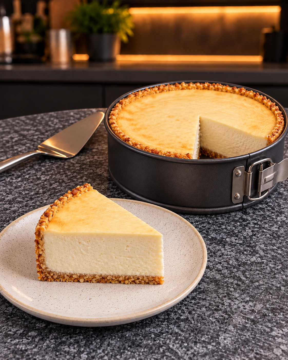Baked sugar-free classic cheesecake with a wedge served on a speckled cream plate