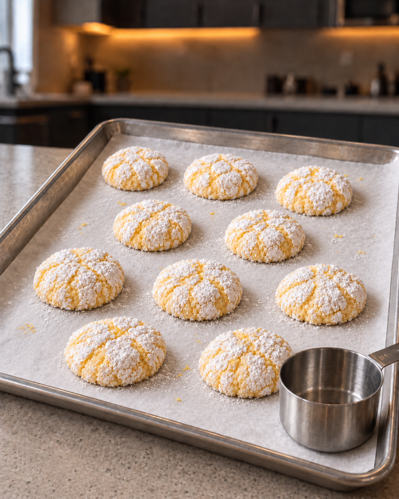 Ten baked sugar-free blueberry lemon crinkle cookies with powdered allulose cracks, spaced two inches apart on a parchment-lined sheet.