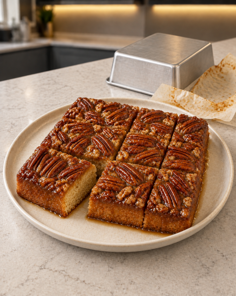 Sugar-free pecan upside down cake inverted on a plate showing the glossy caramel-pecan top, cut into 8 pieces