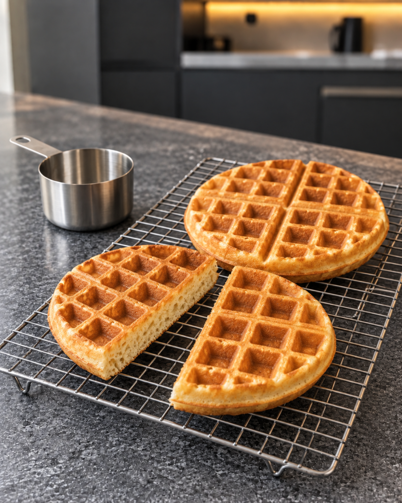 One whole waffle and one cut in half cooling on a wire rack