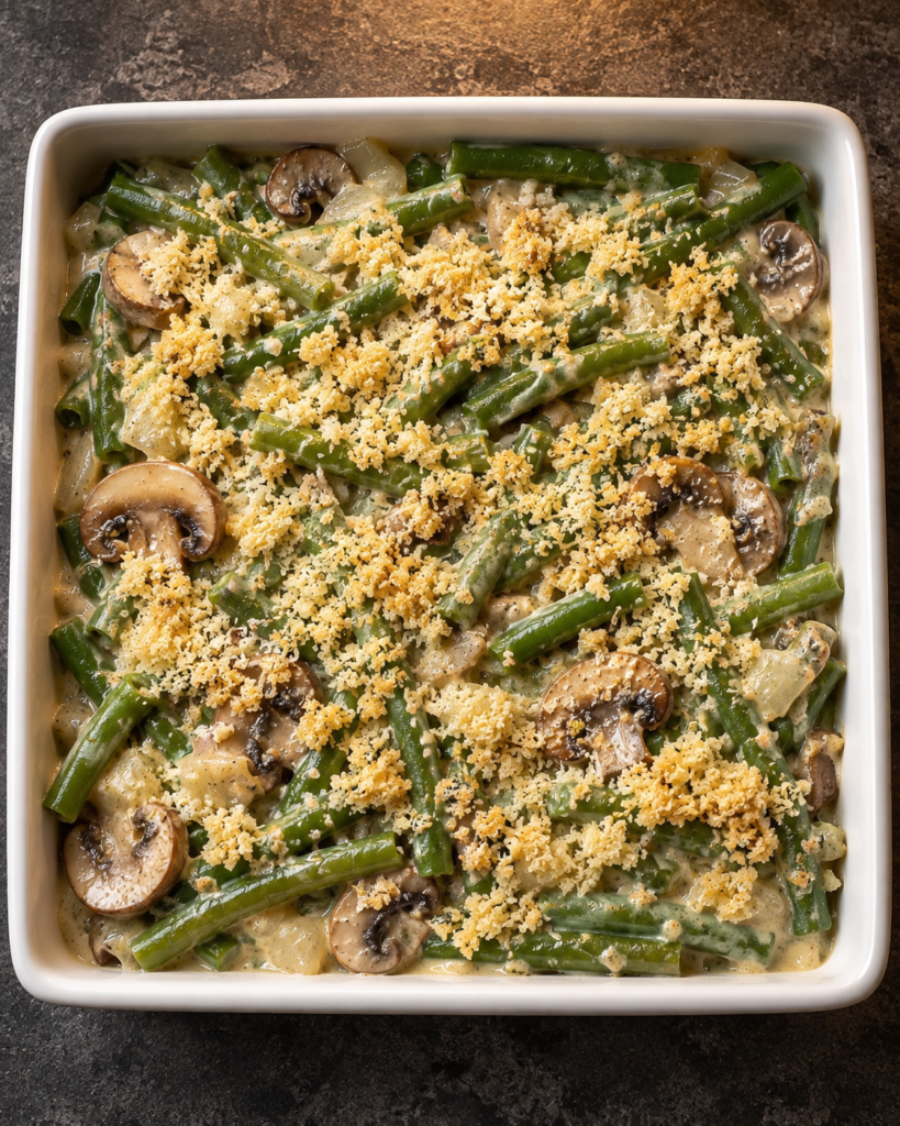 Thin almond-Parmesan crumb topping scattered over the unbaked casserole