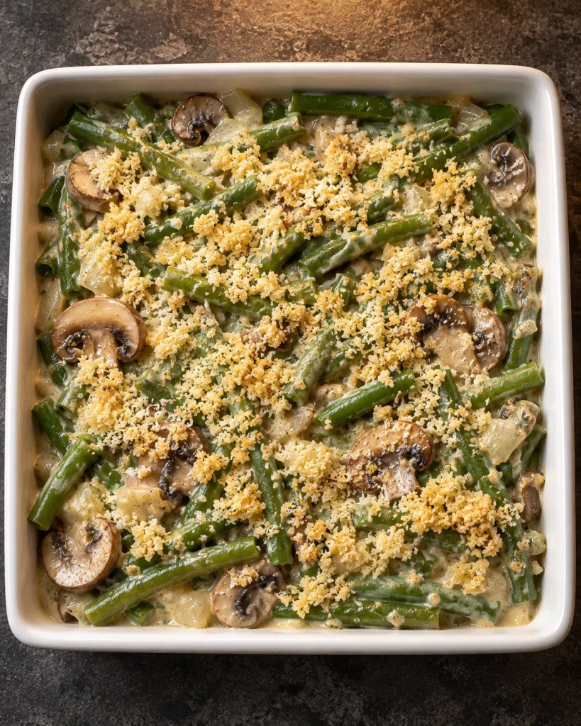 Thin almond-Parmesan crumb topping scattered over the unbaked casserole