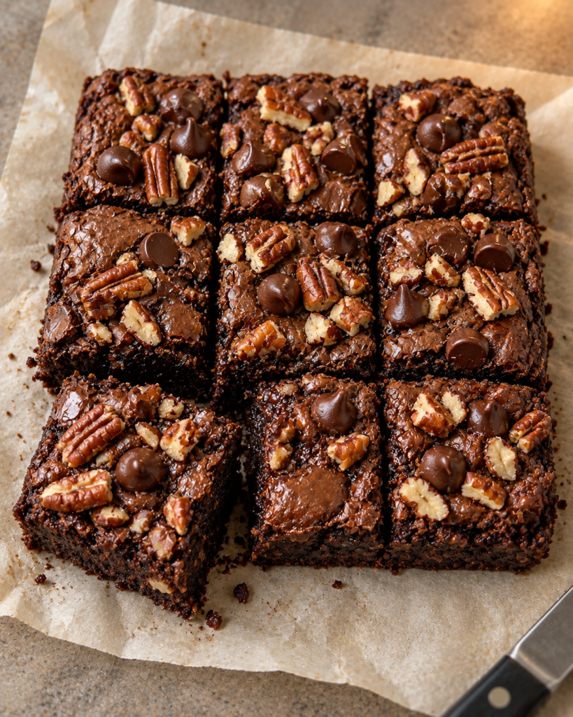 Baked sugar-free pecan brownies cut into 9 squares on parchment, showing the fudgy center