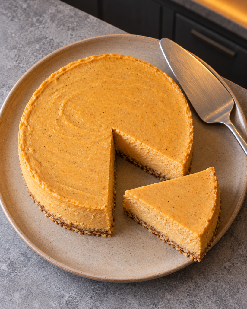 Set pumpkin cheesecake unmolded on a plate with one wedge cut out