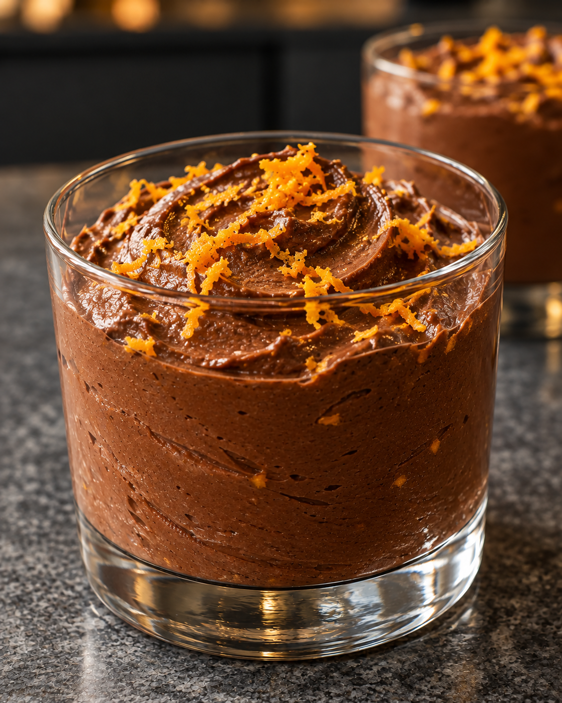 Finished Sugar-Free Orange Chocolate Mousse-Style Cream with spoon swirls and orange zest