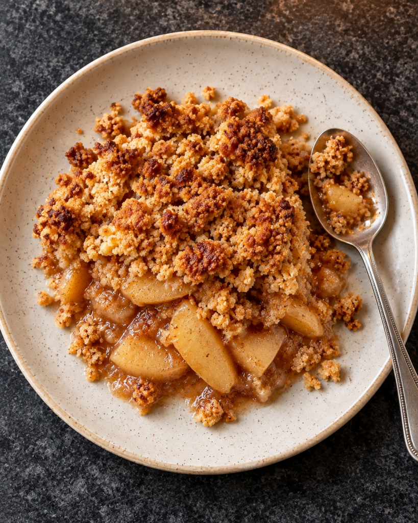Baked golden apple crumble served on a plate with soft apple slices