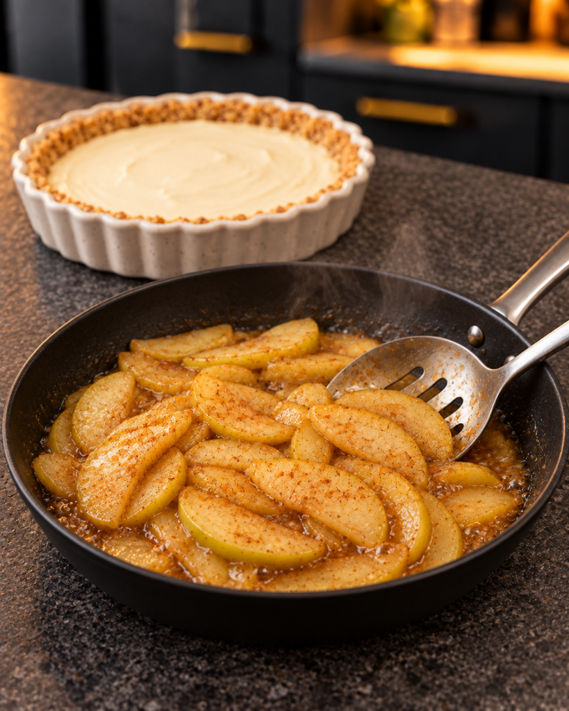 Cinnamon apple slices for a sugar-free apple cream cheese pie cooking in a skillet