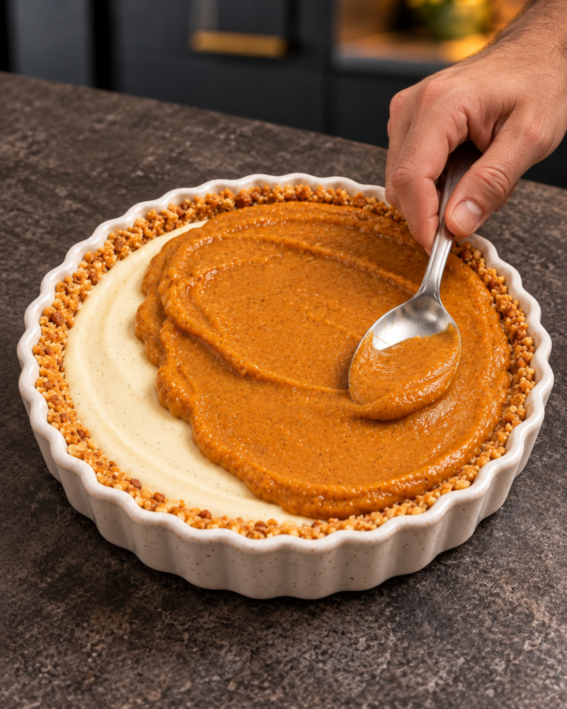 Sugar-free double layer pumpkin pie with the orange pumpkin layer spooned over the vanilla