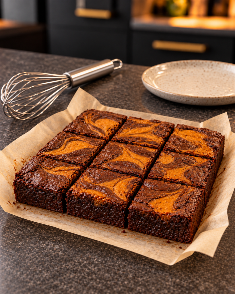 Baked brownie slab cut into nine squares showing the pumpkin swirl tops