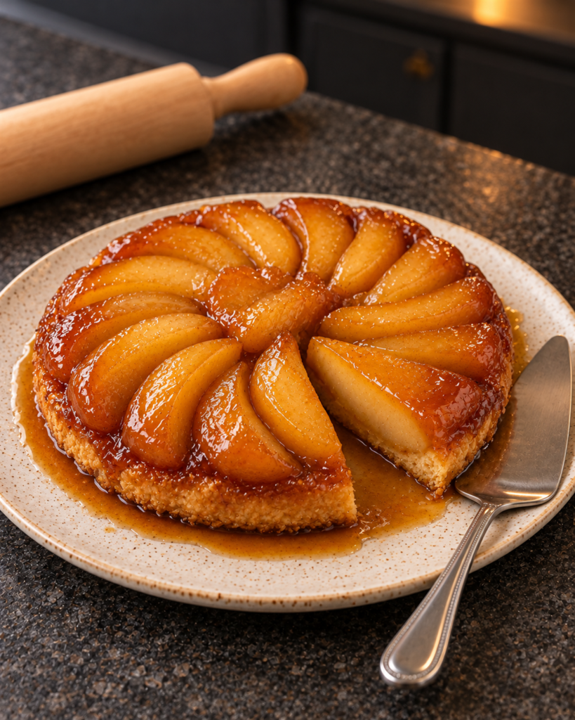 Inverted apple tarte tatin on a plate with one wedge cut