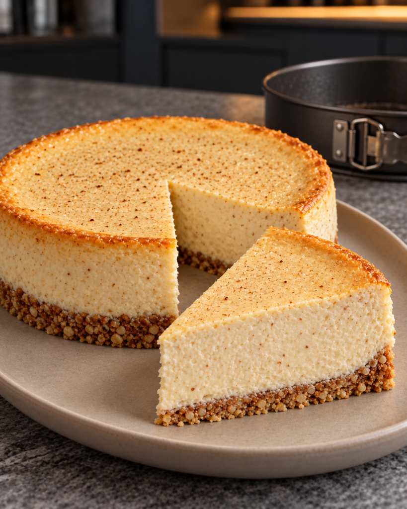 Baked sugar-free eggnog cheesecake released from its springform ring with one wedge cut forward, showing the almond crust and nutmeg-speckled top