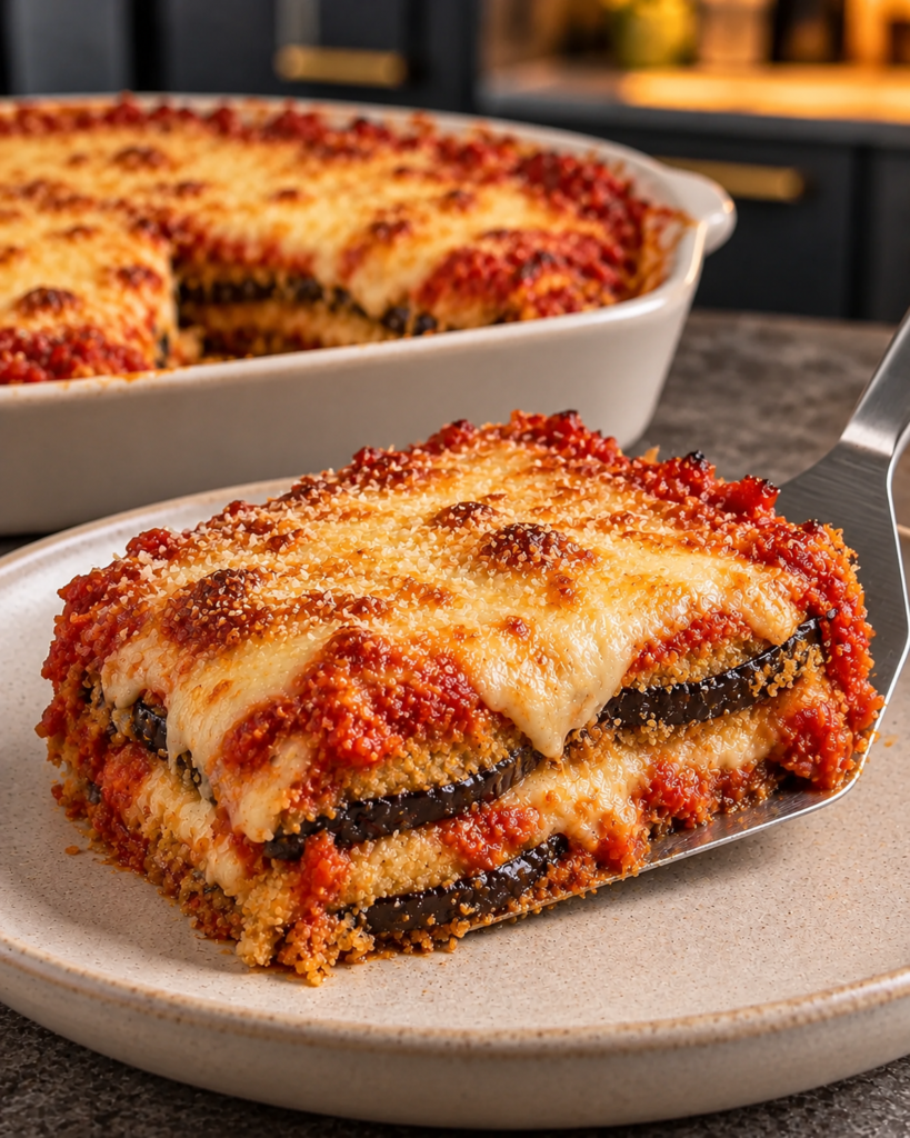 No-added-sugar eggplant parmesan bubbling with golden melted cheese, one square portion lifted out onto a plate with a spatula