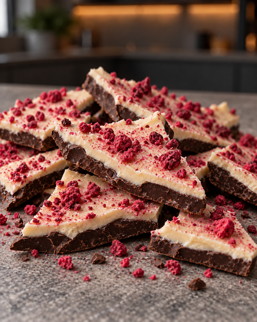 Set peppermint bark broken into irregular shards showing dark and white chocolate layers with crushed raspberries