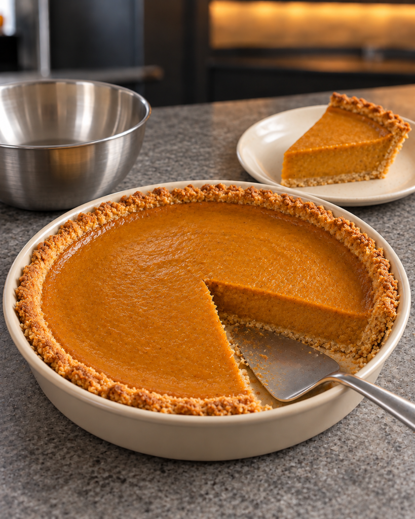 Chilled pumpkin pie with one wedge lifted onto a plate