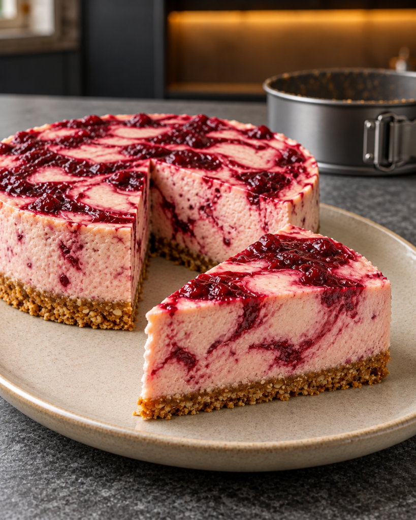 Slice of sugar-free cranberry cheesecake showing pink filling and red marbling