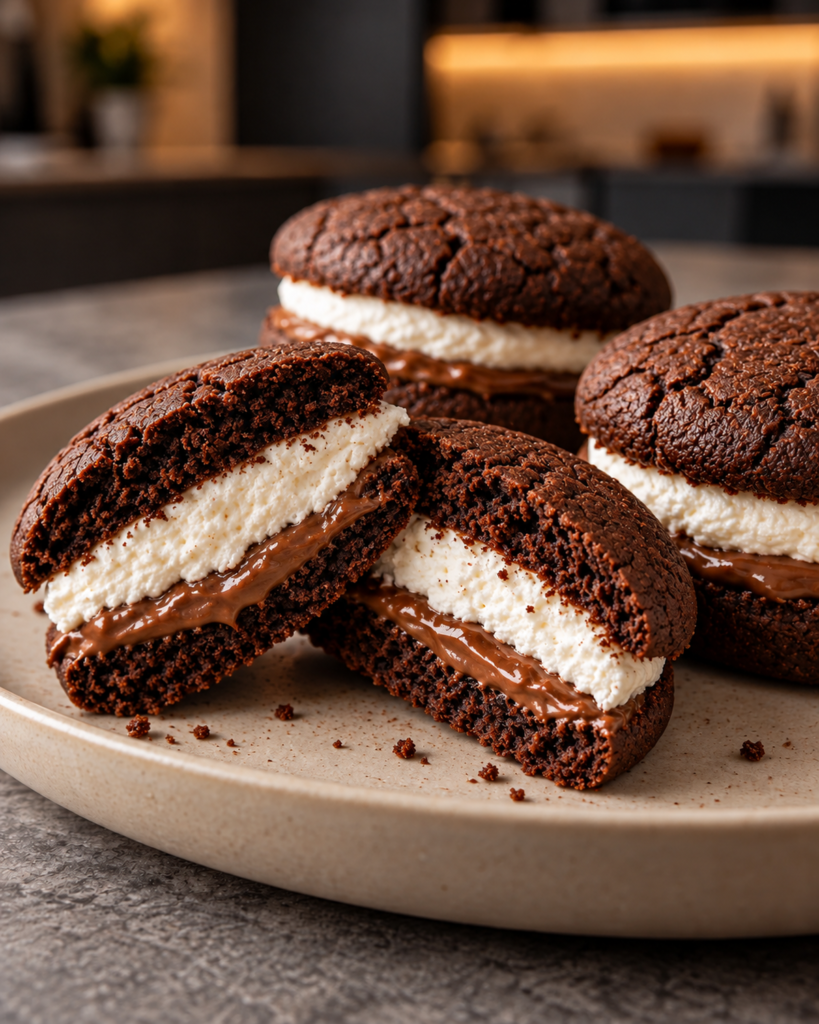 Sugar-free marshmallow sandwich cookies, one cut in half showing cookie, hazelnut and marshmallow