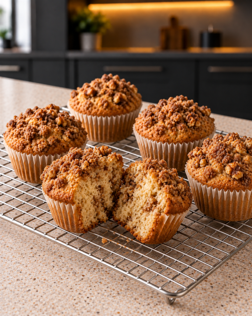 Baked domed muffins with walnut streusel cooling on a wire rack, one broken open