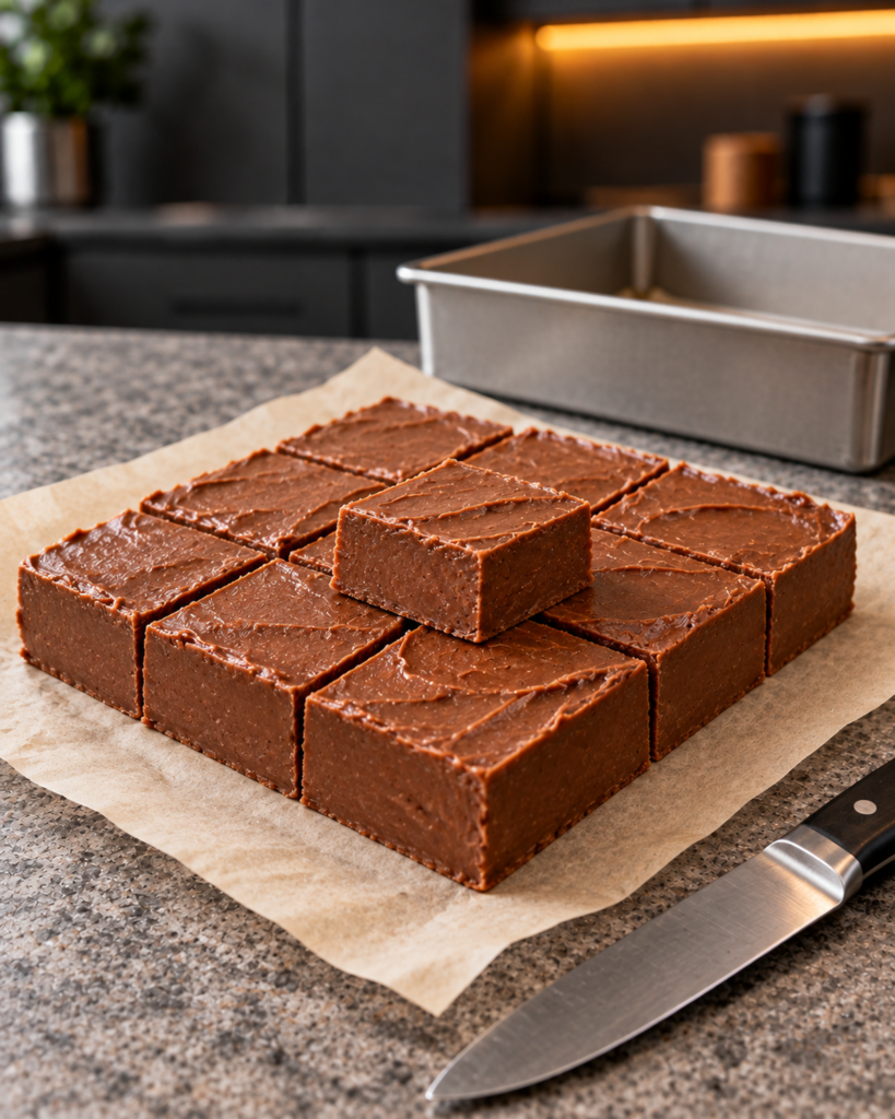 Chilled fudge slab cut into twelve squares on parchment beside the empty mold