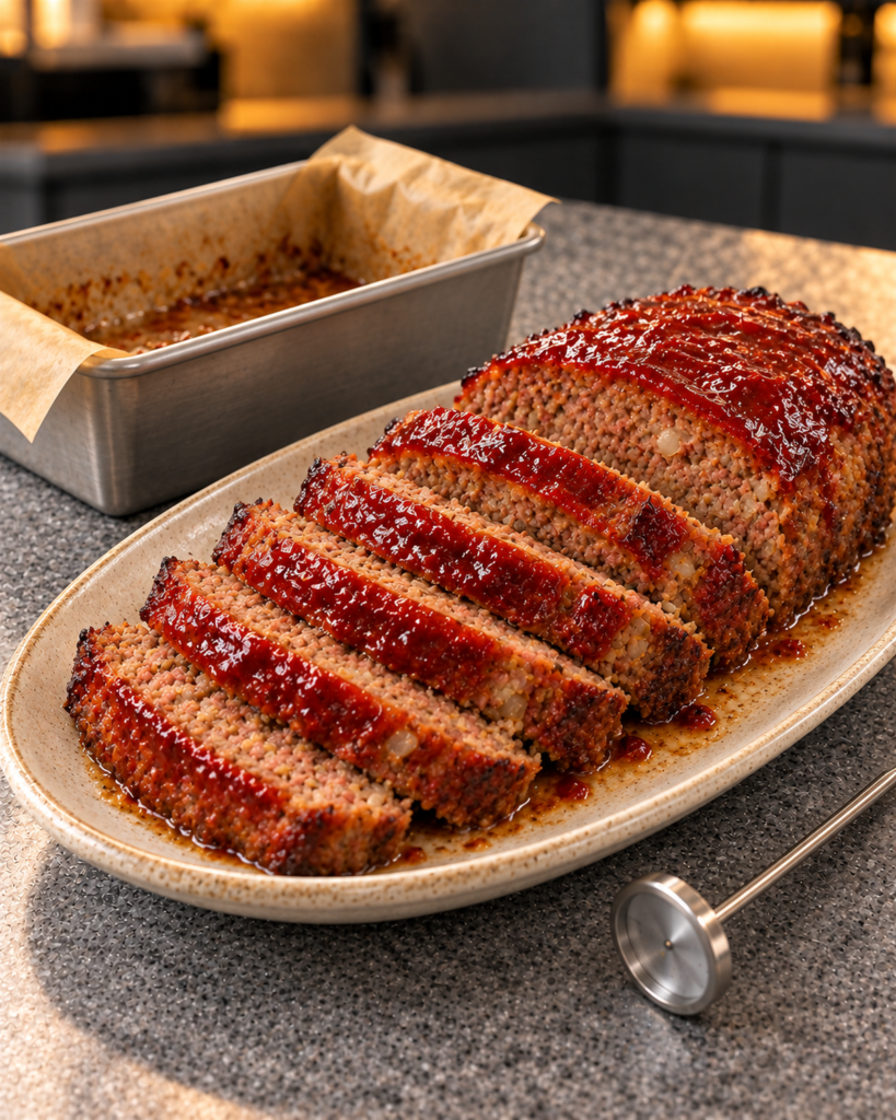 Baked glazed meatloaf lifted from the pan and sliced on a serving platter