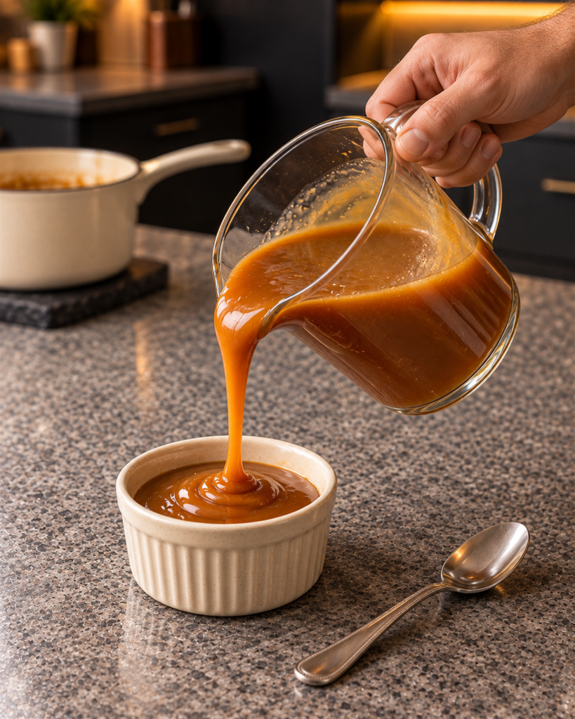 Sugar-free caramel sauce poured from a glass pitcher into a small ramekin