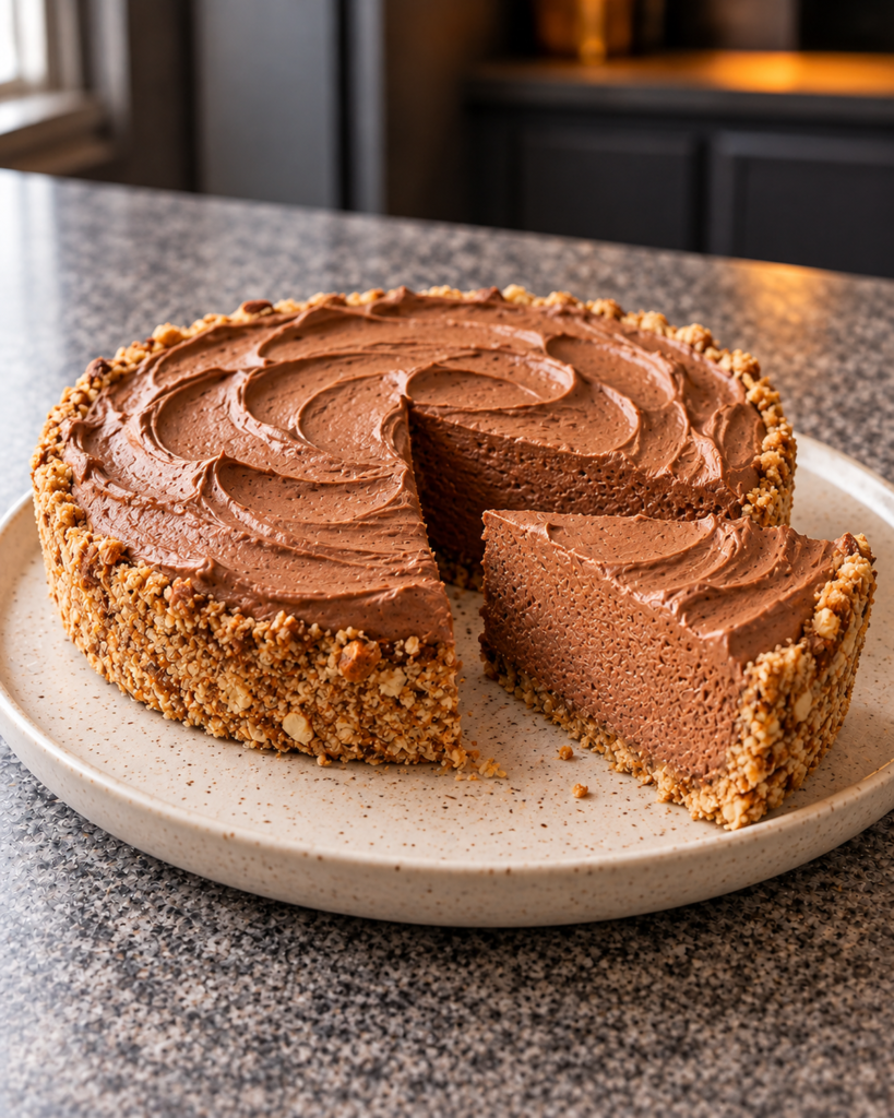 Chilled sugar-free French silk pie unmolded with a swirled top and one wedge cut