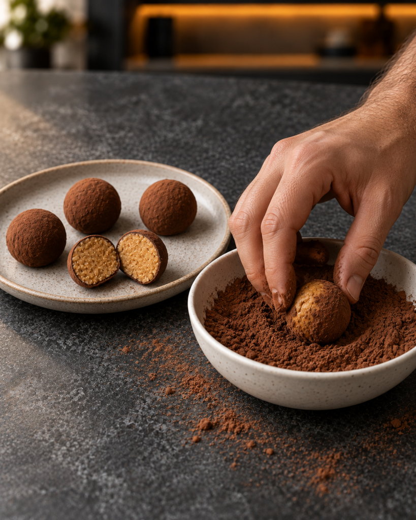 Sugar-free chocolate peanut butter balls rolled in cocoa, one cut open