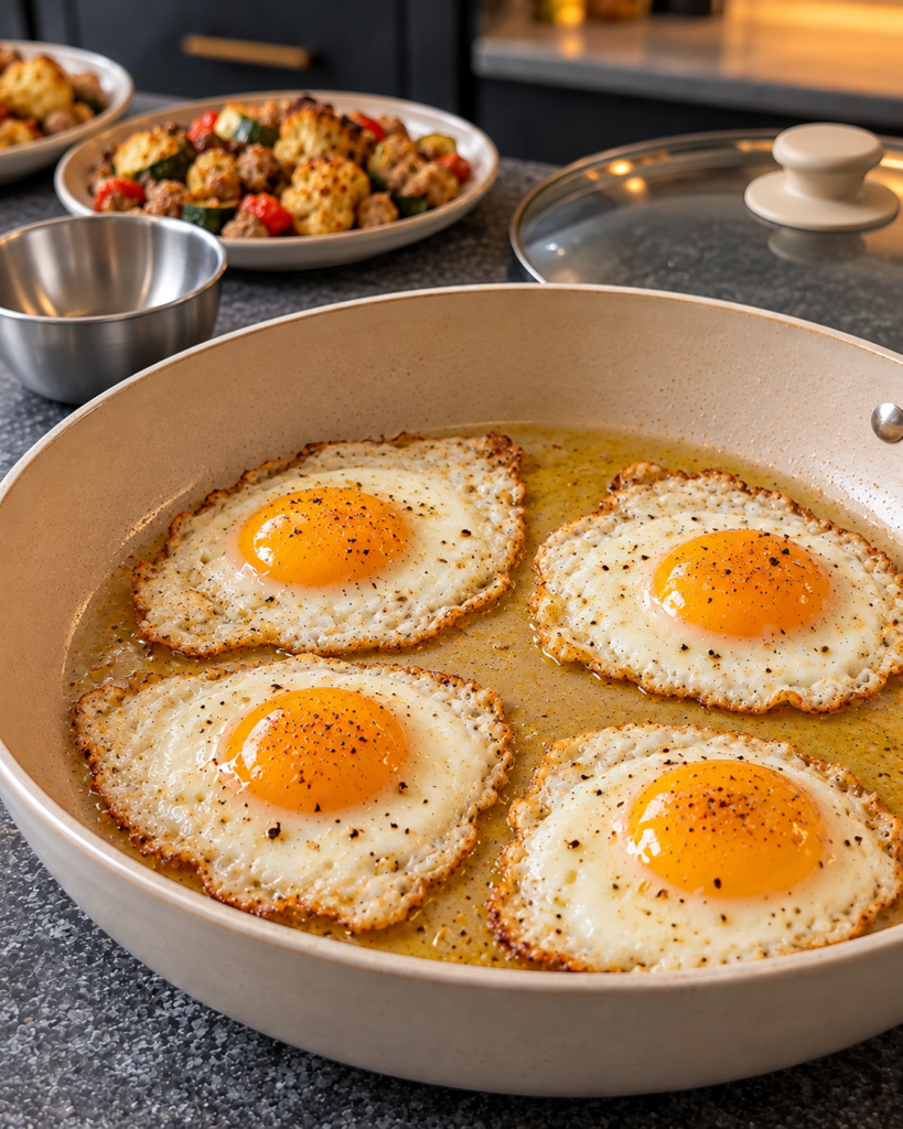Four eggs frying separately in the wiped skillet