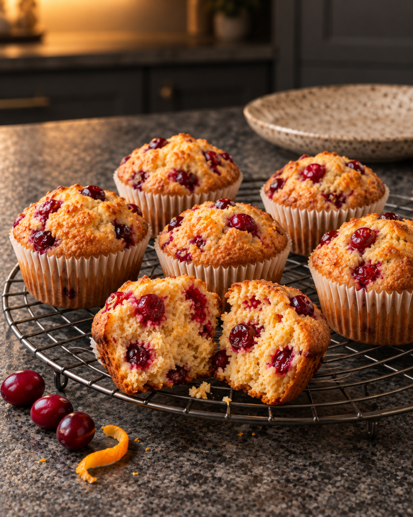 Sugar-free cranberry orange muffins cooling on a rack, one broken open