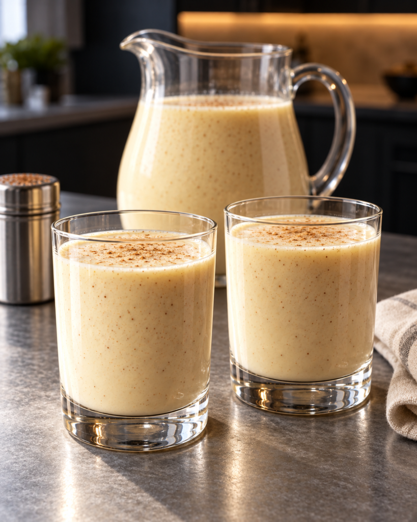 Chilled sugar-free eggnog in two glasses with the pitcher behind