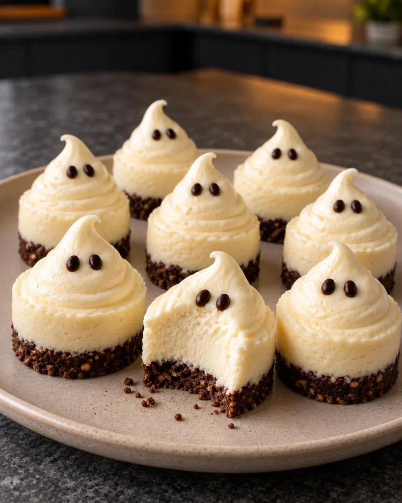 Eight sugar-free ghost cheesecakes with cocoa eyes on a speckled plate