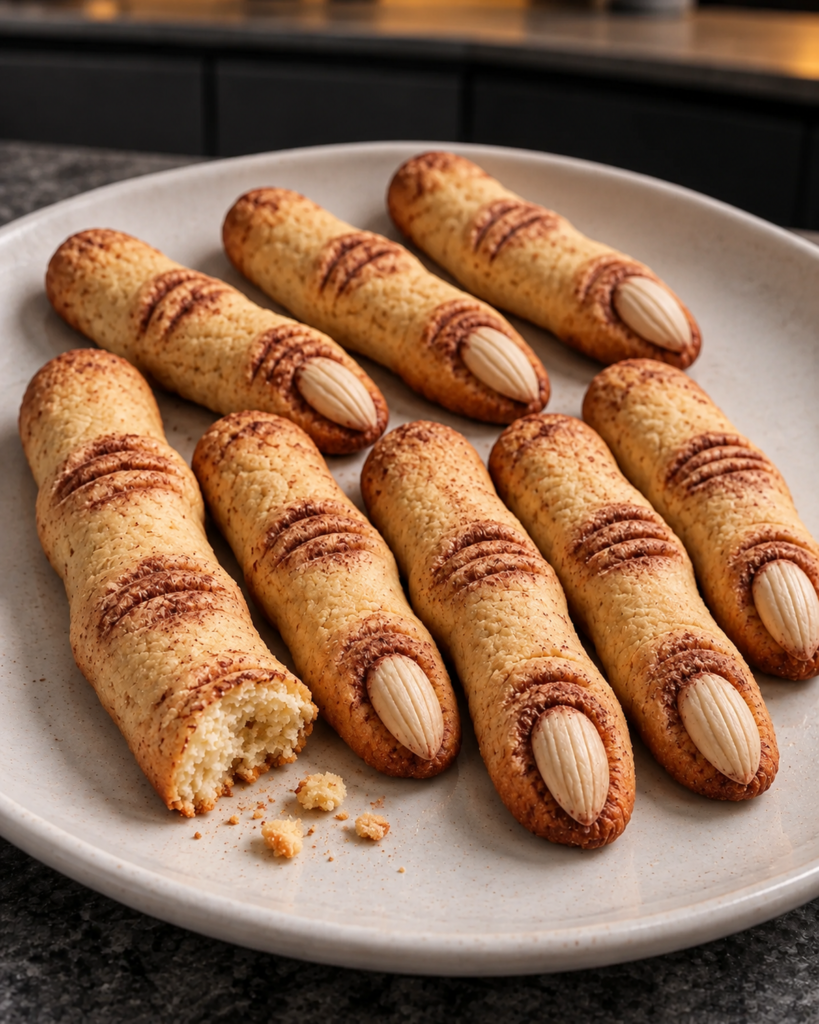 Baked sugar-free witch finger cookies with almond nails, one broken open