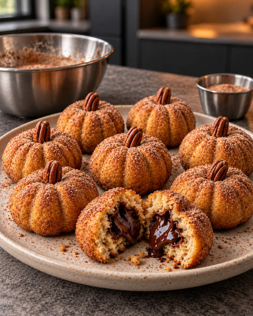 Baked cinnamon-dusted pumpkin-shaped donut bites with pecan stems and a melted chocolate center