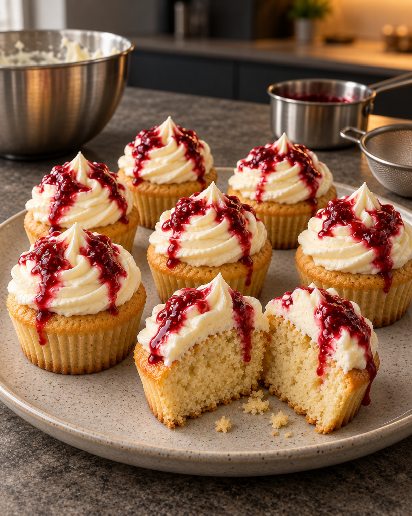 Sugar-free Halloween cupcakes drizzled with raspberry sauce, one cut open