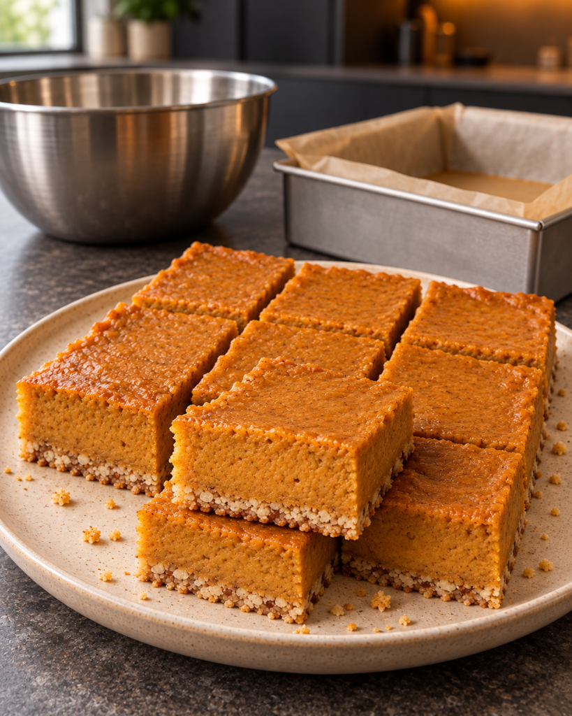 Nine chilled pumpkin pie bar squares with a visible almond crust layer