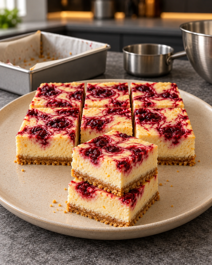 Chilled cranberry orange cheesecake bars cut into nine squares, two stacked