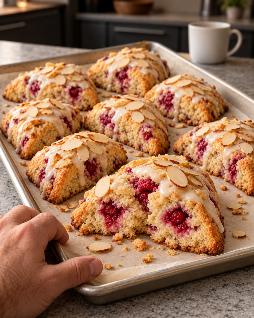 Baked golden scones drizzled with white glaze and topped with sliced almonds