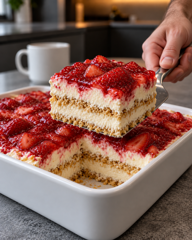 Sugar-free strawberry shortcake ice cream cake square lifted out showing the crumble and cream layers