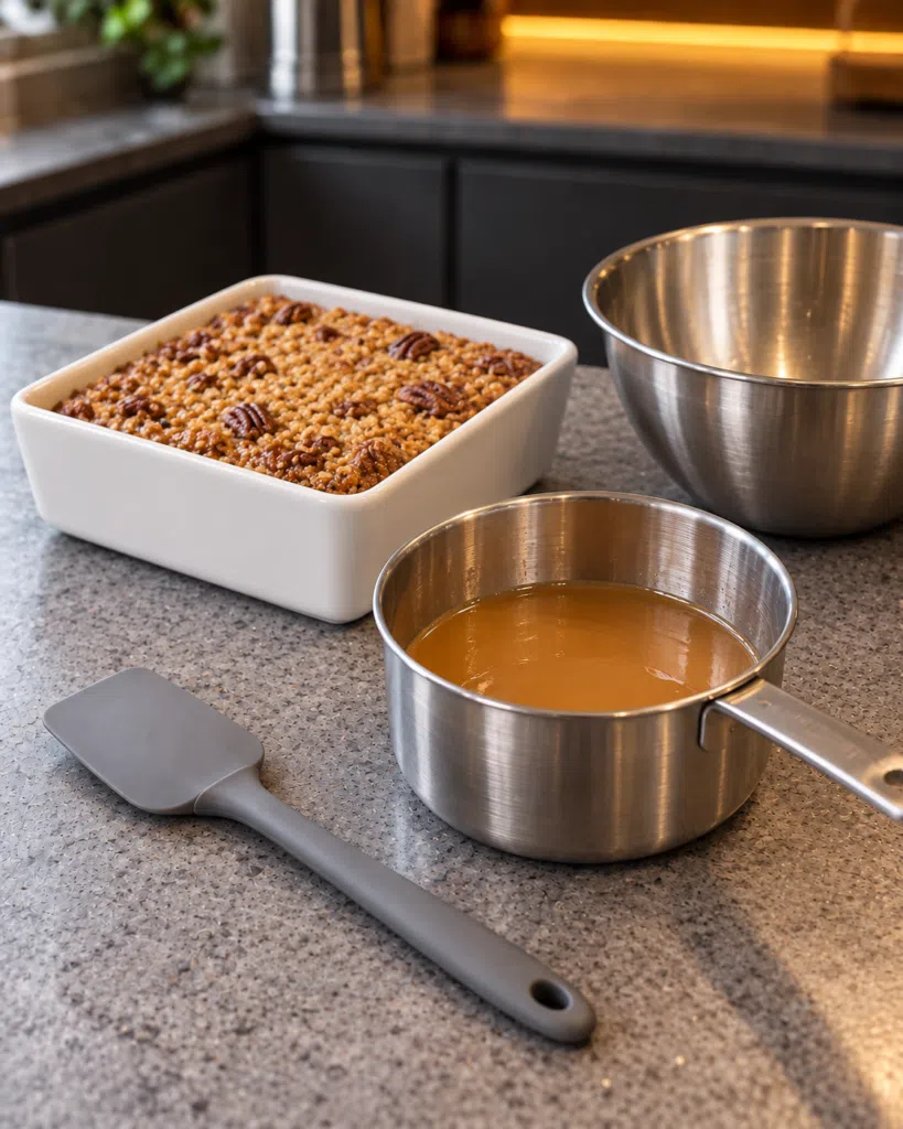 Pale amber caramel cooling in the saucepan beside the baked pudding