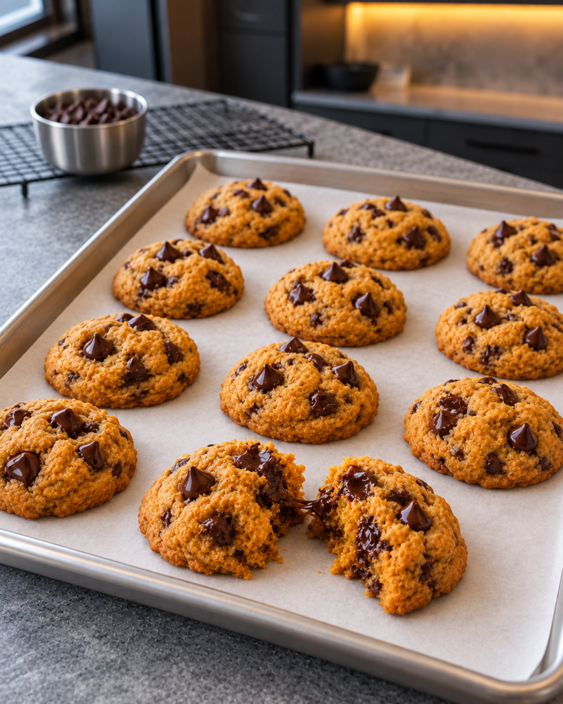 Baked sugar-free pumpkin chocolate chip cookies cooling, one broken open