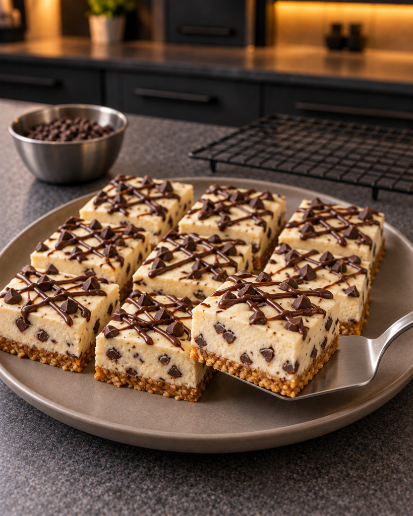 Chilled sugar-free chocolate chip cheesecake bars with chocolate drizzle, one lifted