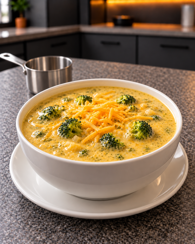 No-added-sugar broccoli cheddar soup in a white bowl topped with grated cheddar