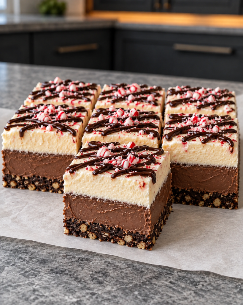 Sugar-free chocolate peppermint lasagna squares cut and finished with chocolate drizzle