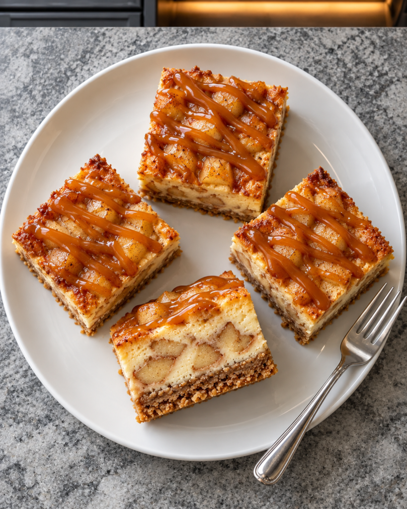 Chilled caramel apple cheesecake bar cut open showing the crust and apple layers